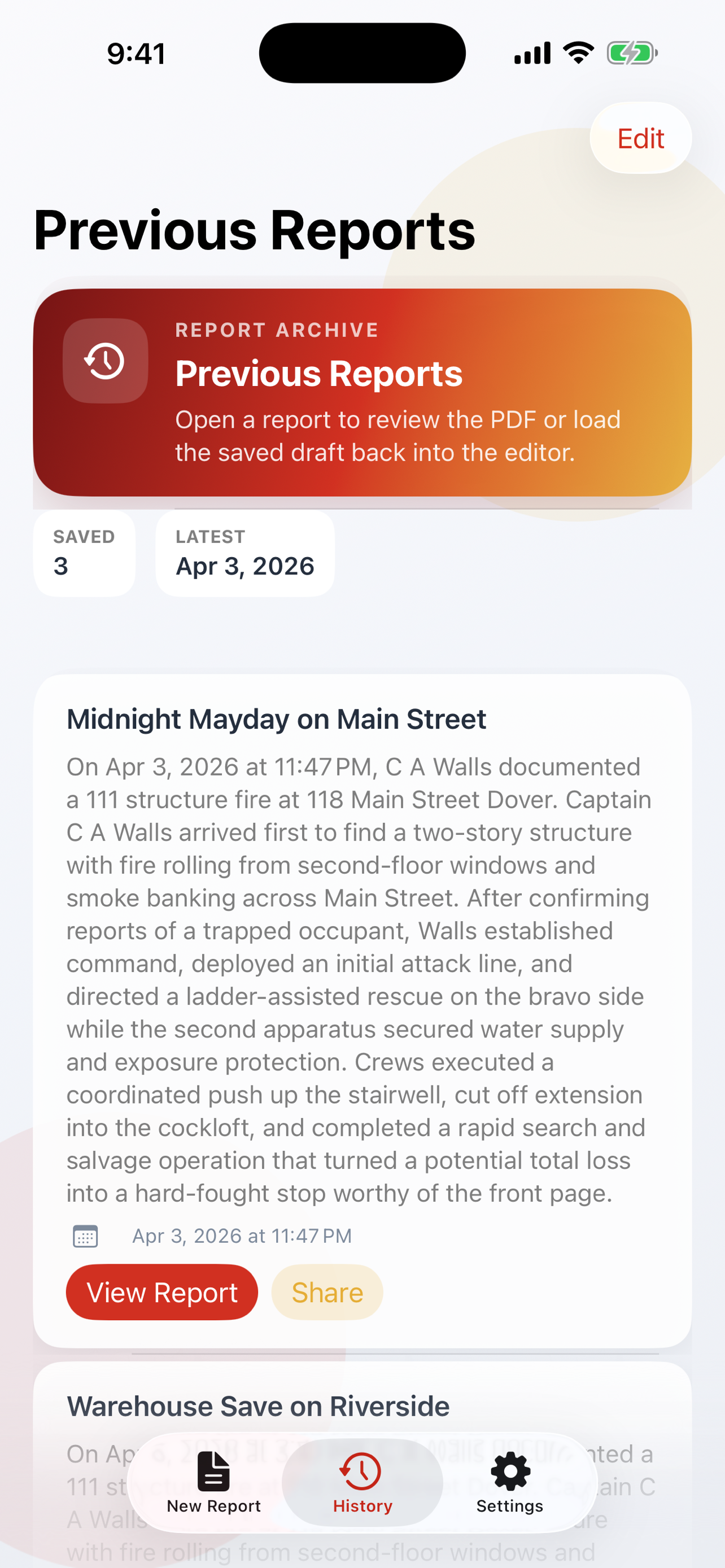 FD Incident Reports history screen