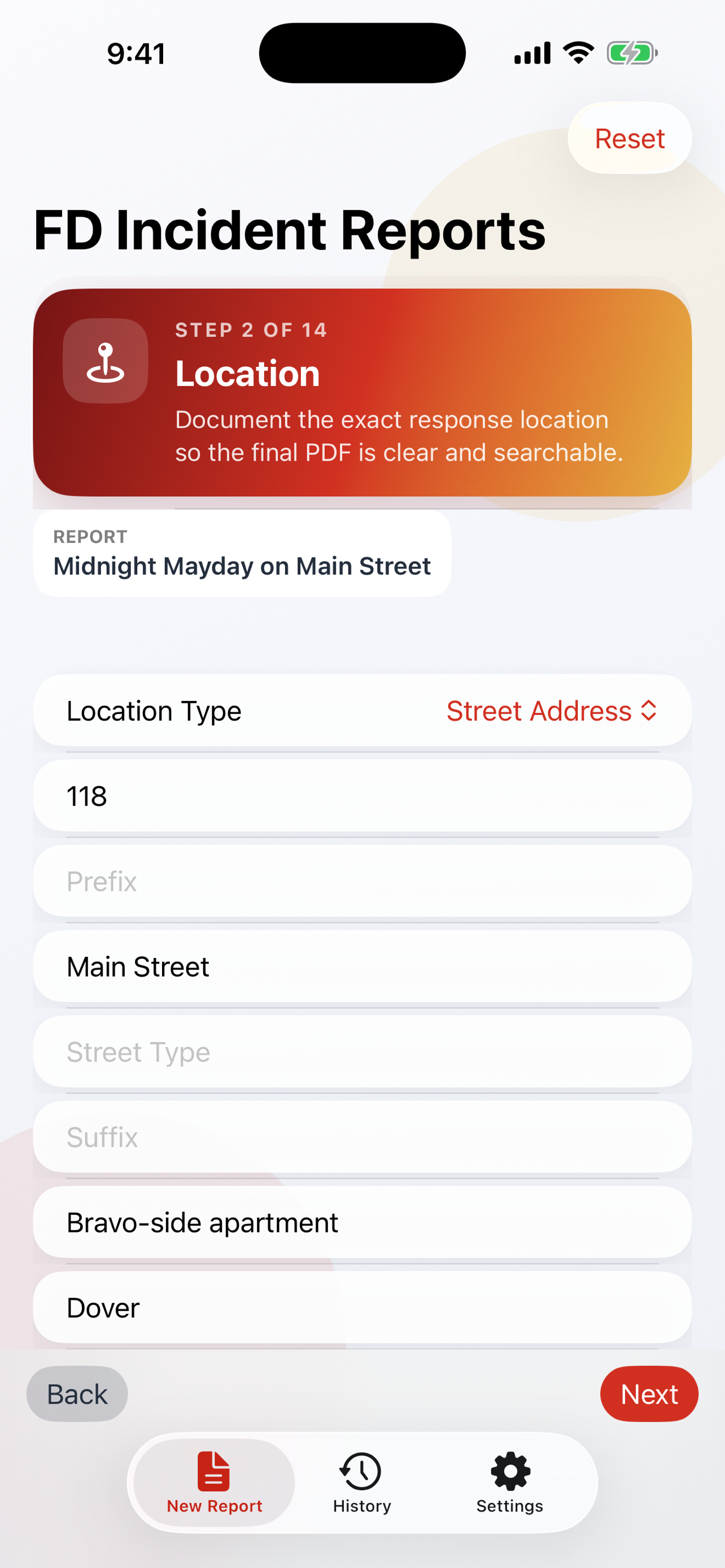 FD Incident Reports location screen