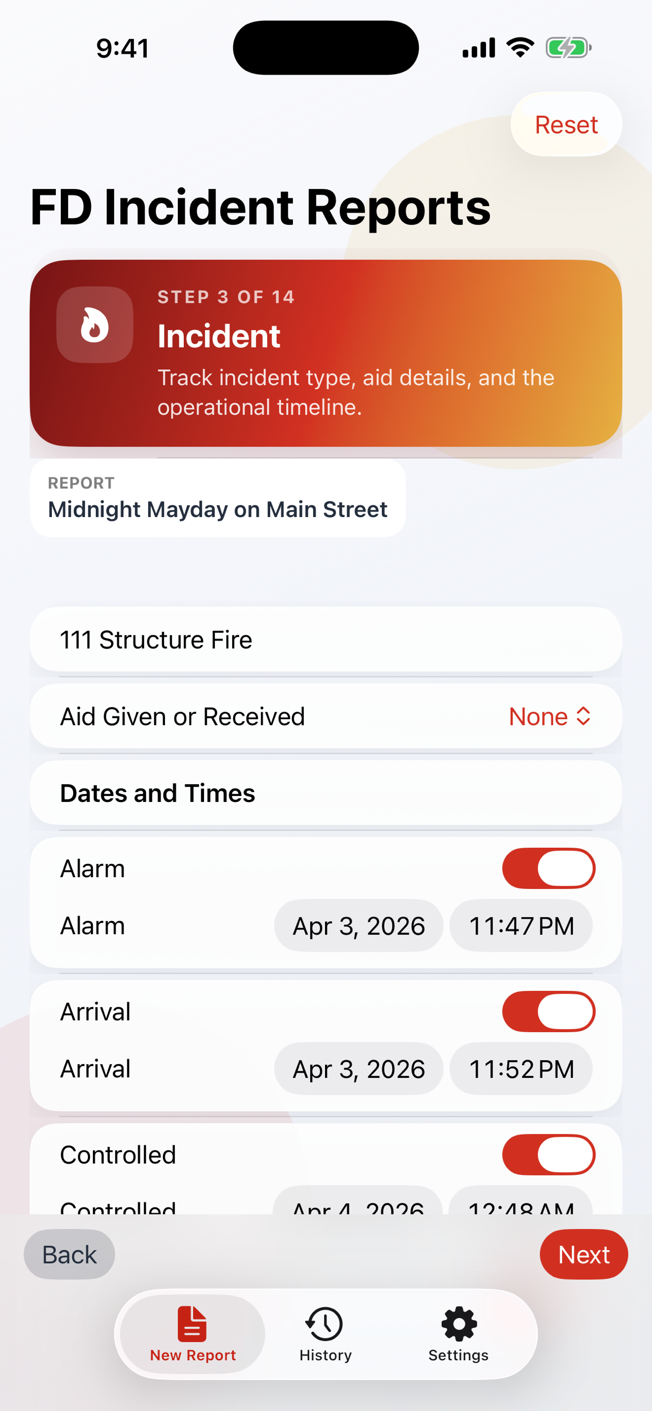 FD Incident Reports incident timeline screen