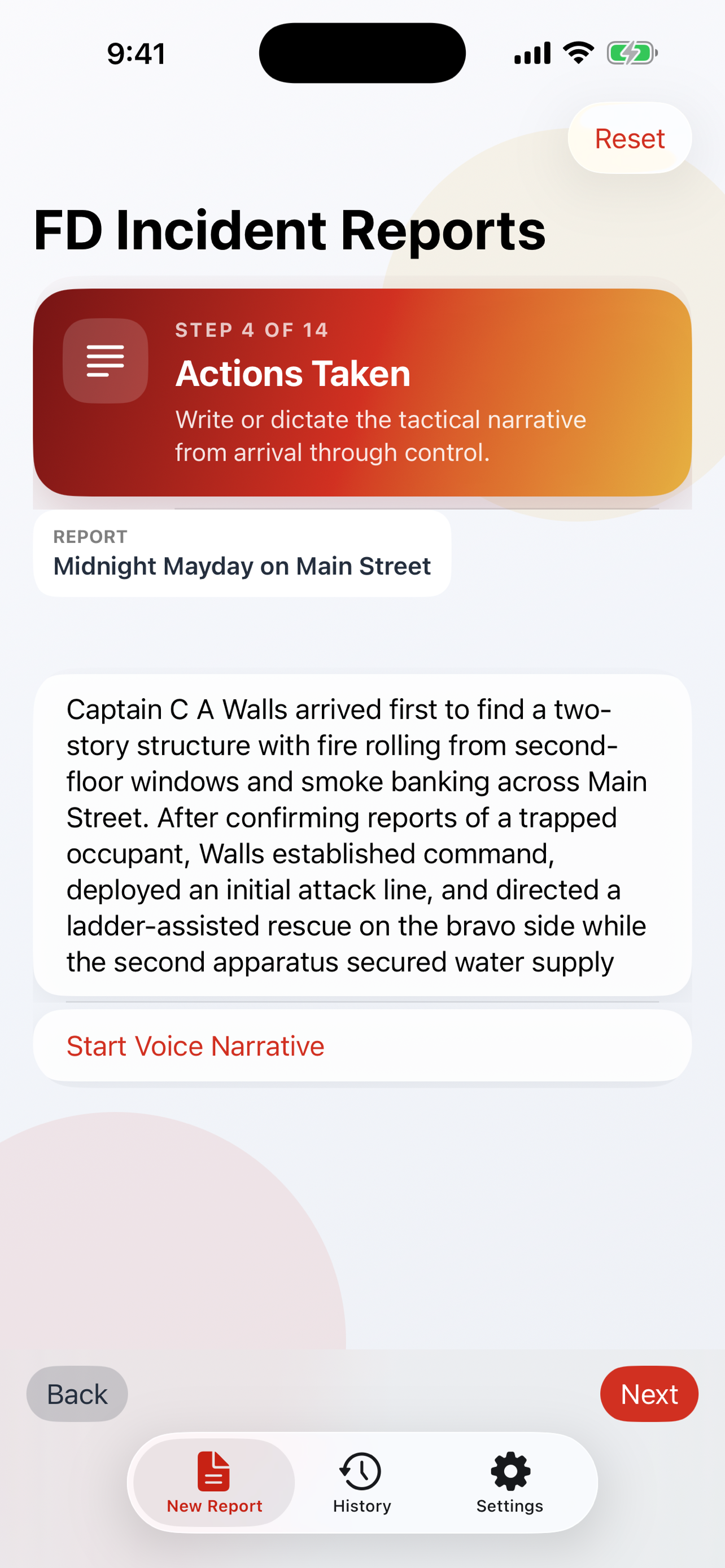 FD Incident Reports actions taken screen
