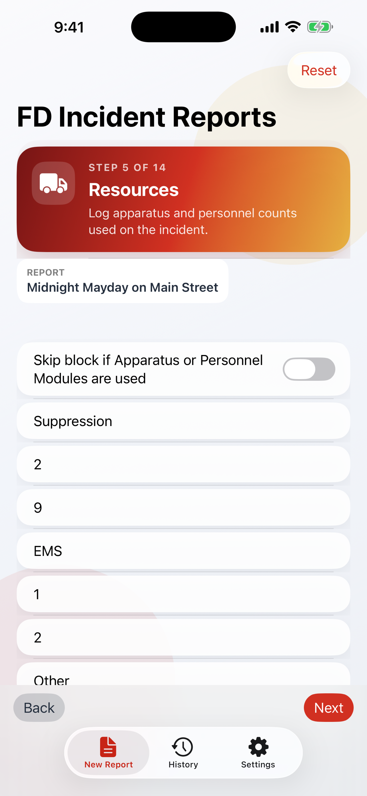 FD Incident Reports resources screen