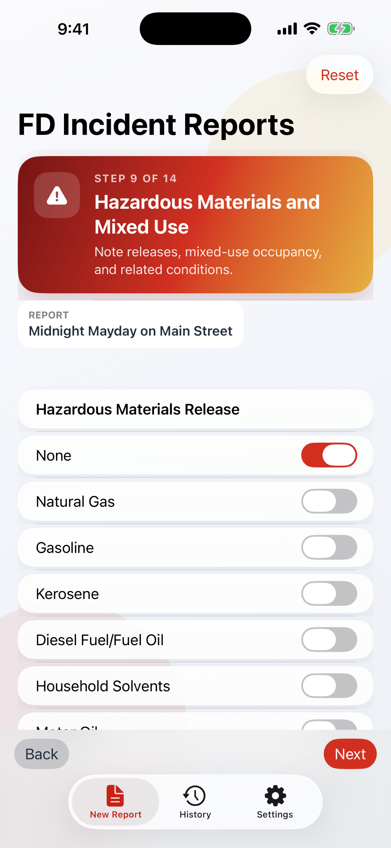 FD Incident Reports hazardous materials and mixed use screen