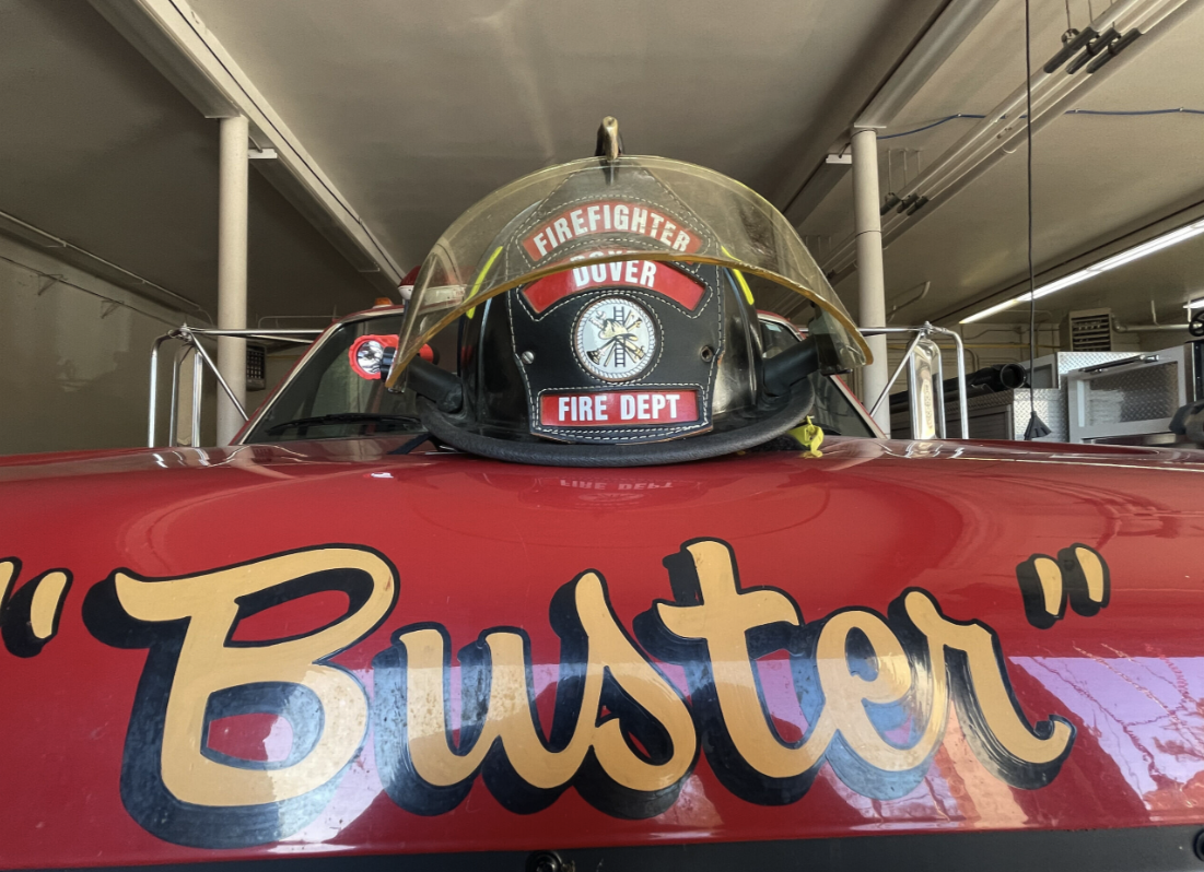 Close view of Dover firefighter helmet on apparatus