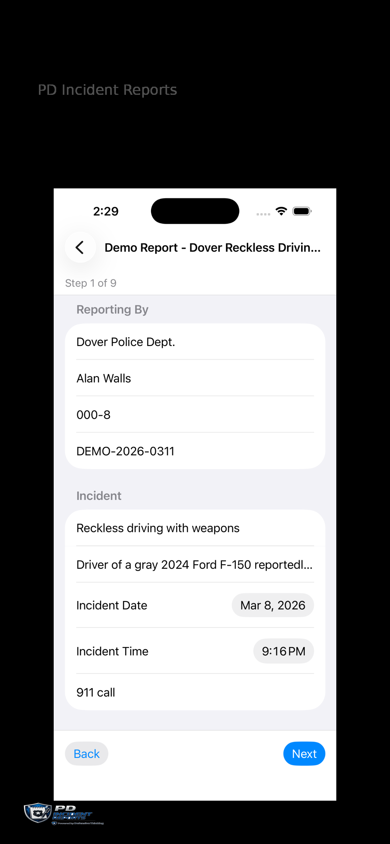 PD Incident Reports report setup screen