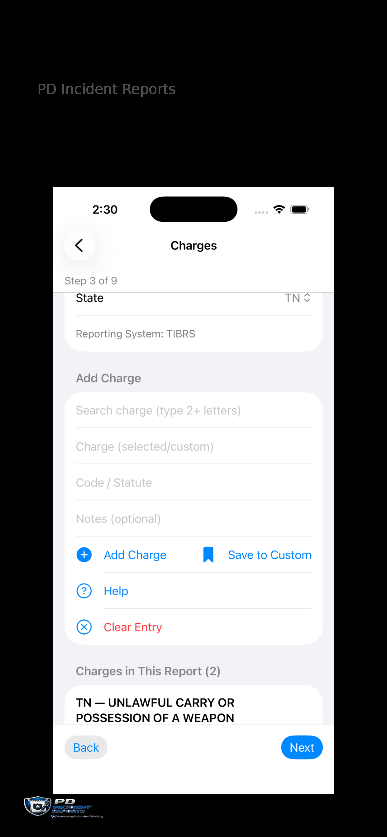 PD Incident Reports charges screen