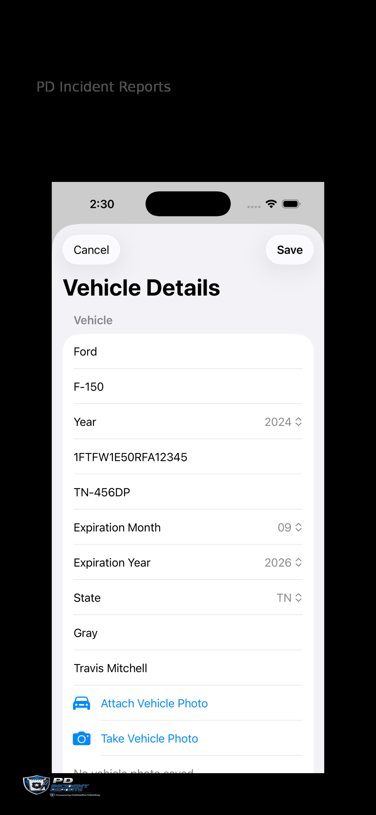 PD Incident Reports vehicle details screen
